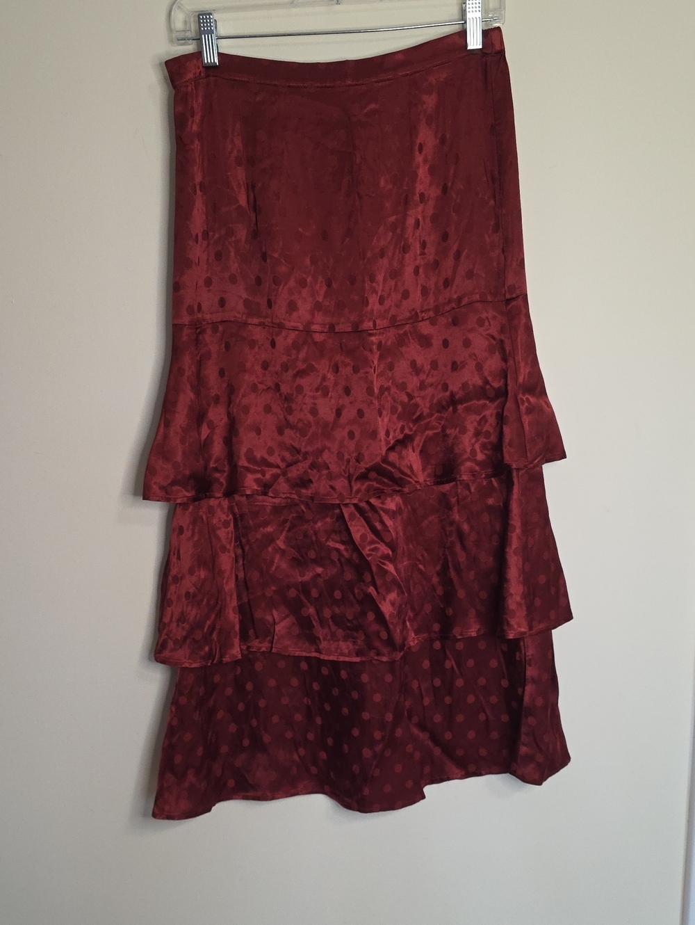 saltwater LUXE Deep Burgundy Tiered Satin-Effect Midi Skirt